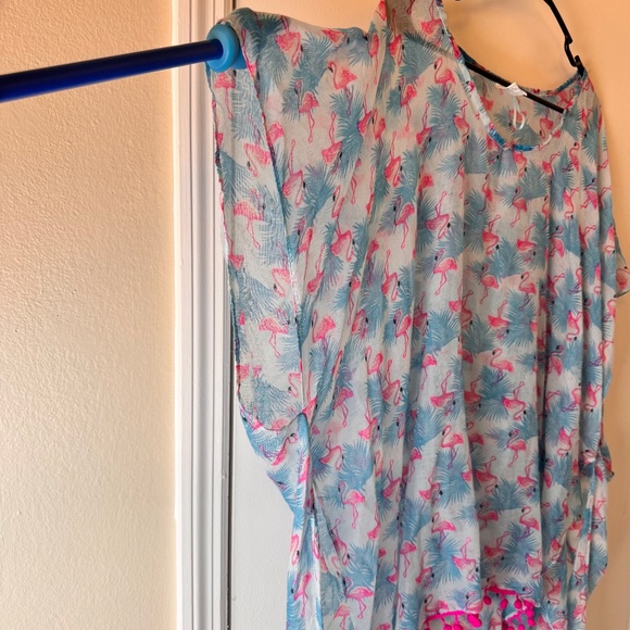 Flamingo Print Swim‎ Suit Cover Up w/ Pom Poms One Size RN 86183 - Picture 5 of 10